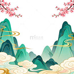 国风山水樱花云雾插画设计素材