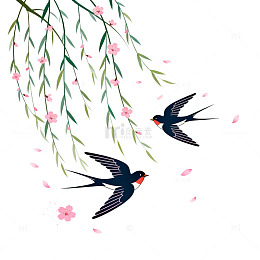手绘风春日燕子柳枝设计素材