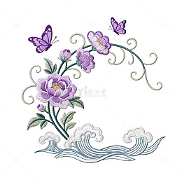 刺绣风花卉蝴蝶波浪边框设计素材