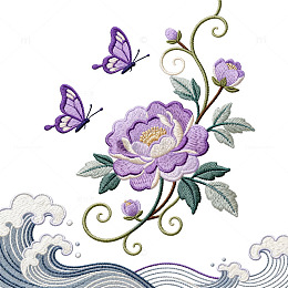 刺绣风紫色牡丹蝴蝶波浪纹设计素材