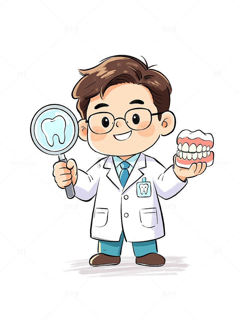 卡通口腔牙科医生手持牙齿模型儿童设计素材