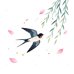 手绘风春日燕子柳枝花瓣设计素材