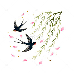 手绘风燕子柳枝花瓣装饰设计素材