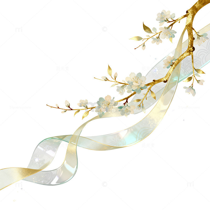 水彩风春日樱花飘带设计素材