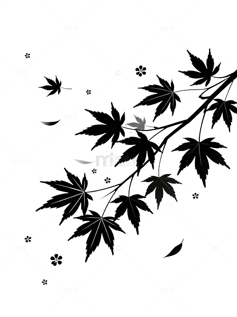 黑白风枫叶枝条剪影设计素材