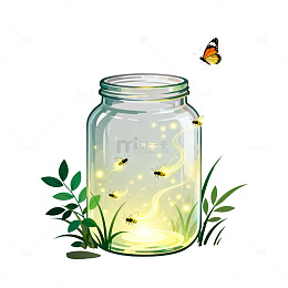 梦幻风萤火虫玻璃瓶插画设计素材