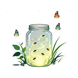 插画风萤火虫玻璃瓶自然场景设计素材