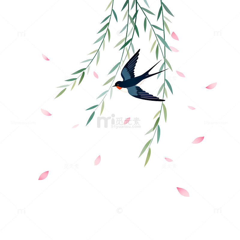 手绘风春日燕子柳枝设计素材