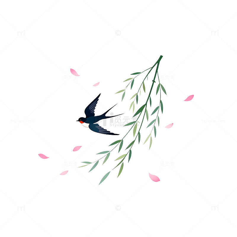 水彩风燕子柳枝花瓣插画设计素材