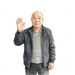 水彩风老人挥手打招呼插画素材