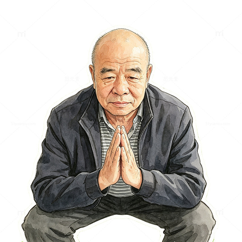 水彩风老人合十祈祷插画设计素材