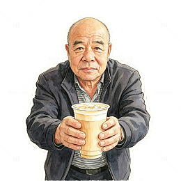 水彩风老人手持奶茶手绘设计素材