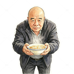 水彩风老人捧面碗手绘插画设计素材