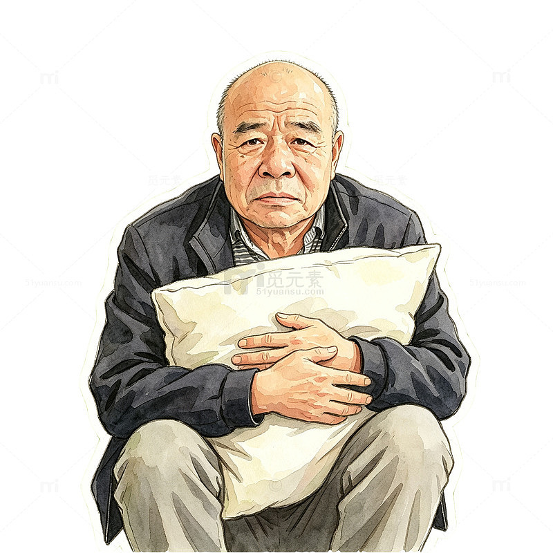 水彩风老人怀抱枕头插画设计素材