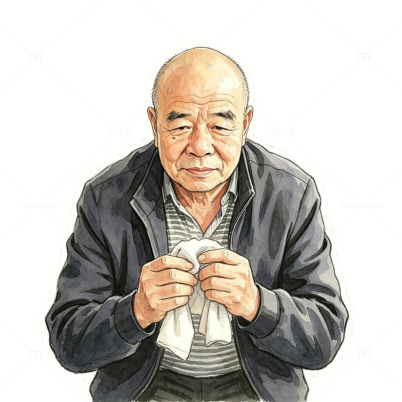 水彩风老人缝补衣物插画设计素材