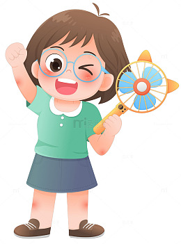 女孩吹电风扇开心清凉夏天防中暑人物插画