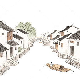 水墨风江南水乡古桥手绘建筑设计素材