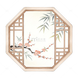 新中式窗格梅花竹叶装饰图案素材
