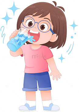 女孩喝水冰水大冰块夏天防中暑人物插画