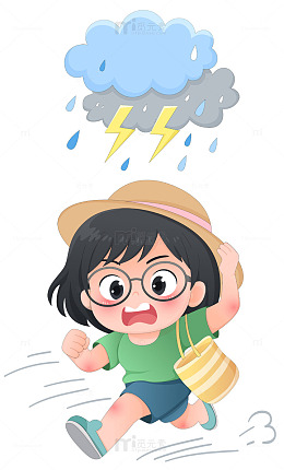 雷阵雨乌云闪电女孩奔跑夏天人物插画