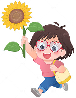 戴眼镜女孩向日葵花奔跑夏天人物插画