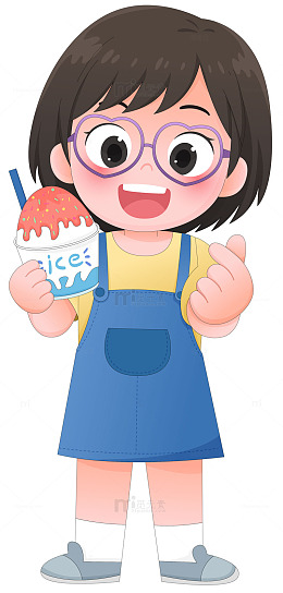 女孩吃草莓味冰淇淋夏天防中暑人物插画