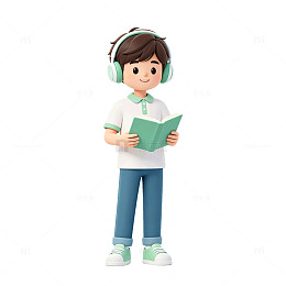 3D卡通男孩阅读耳机设计素材