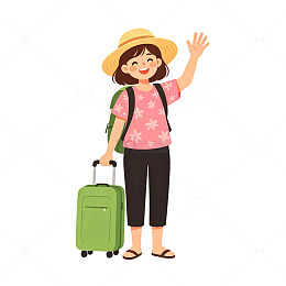 卡通风旅行女孩手绘行李箱免扣元素设计素材
