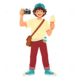 卡通风男孩拍照吃冰淇淋插画免扣素材