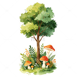 水彩风森林树木蘑菇插画设计素材