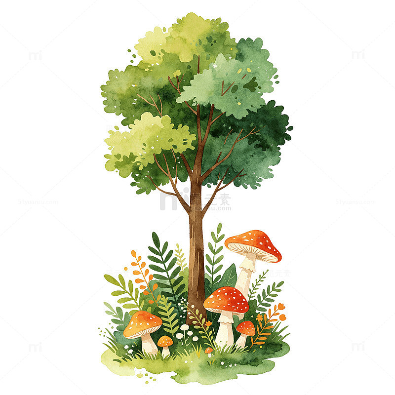 水彩风森林树木蘑菇插画设计素材