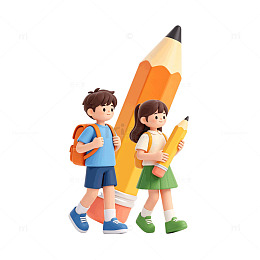 卡通风学生背着书包上学铅笔插画素材