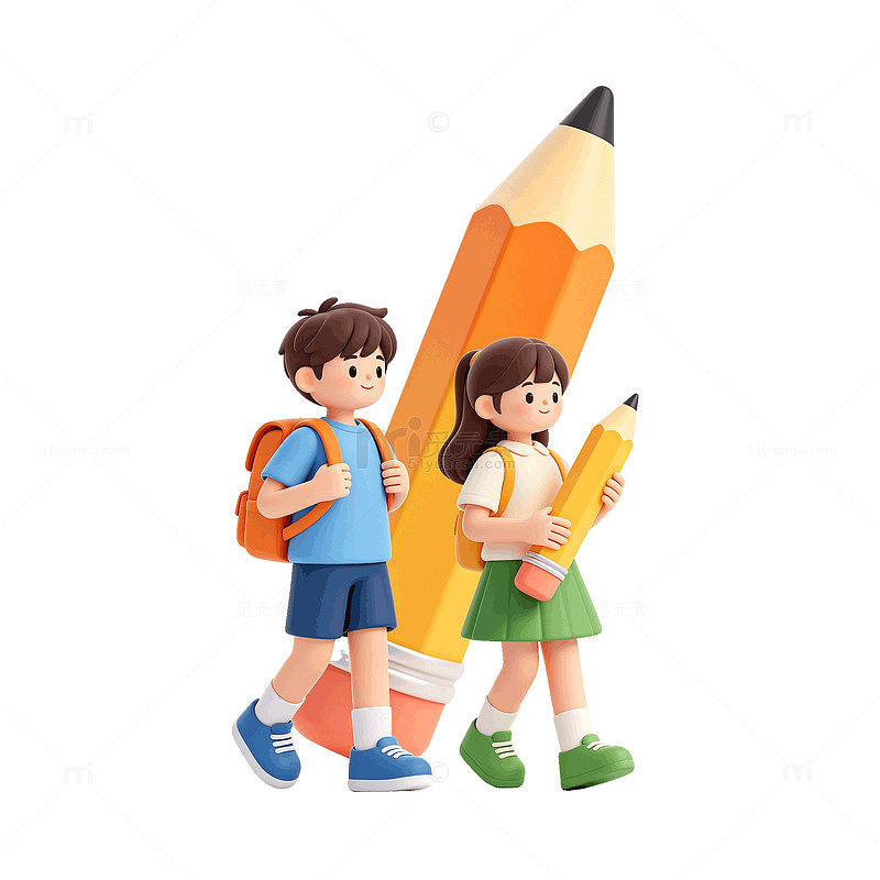 卡通风学生背着书包上学铅笔插画素材
