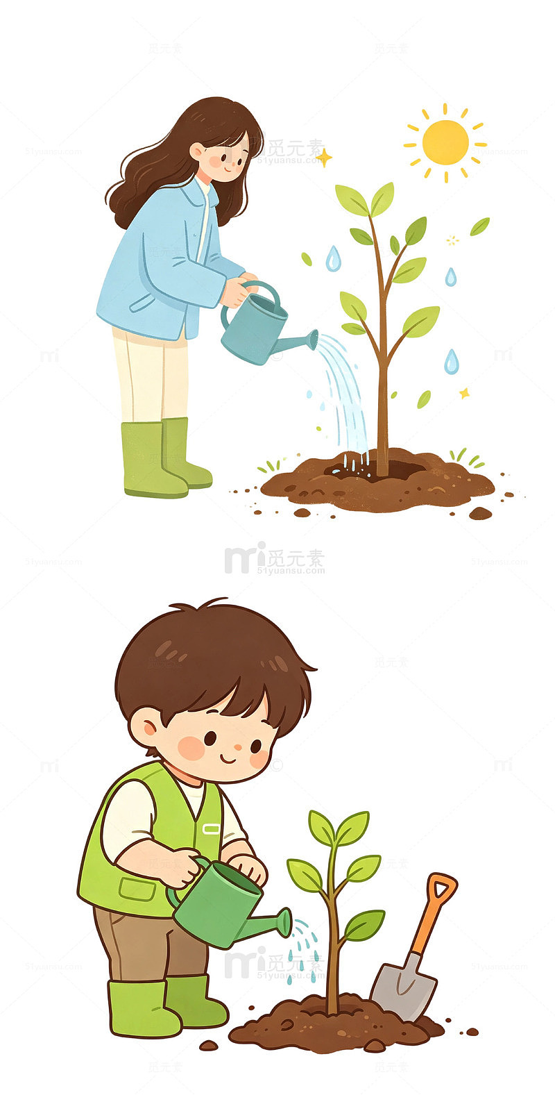 浇树苗，植树小朋友，绿色行动