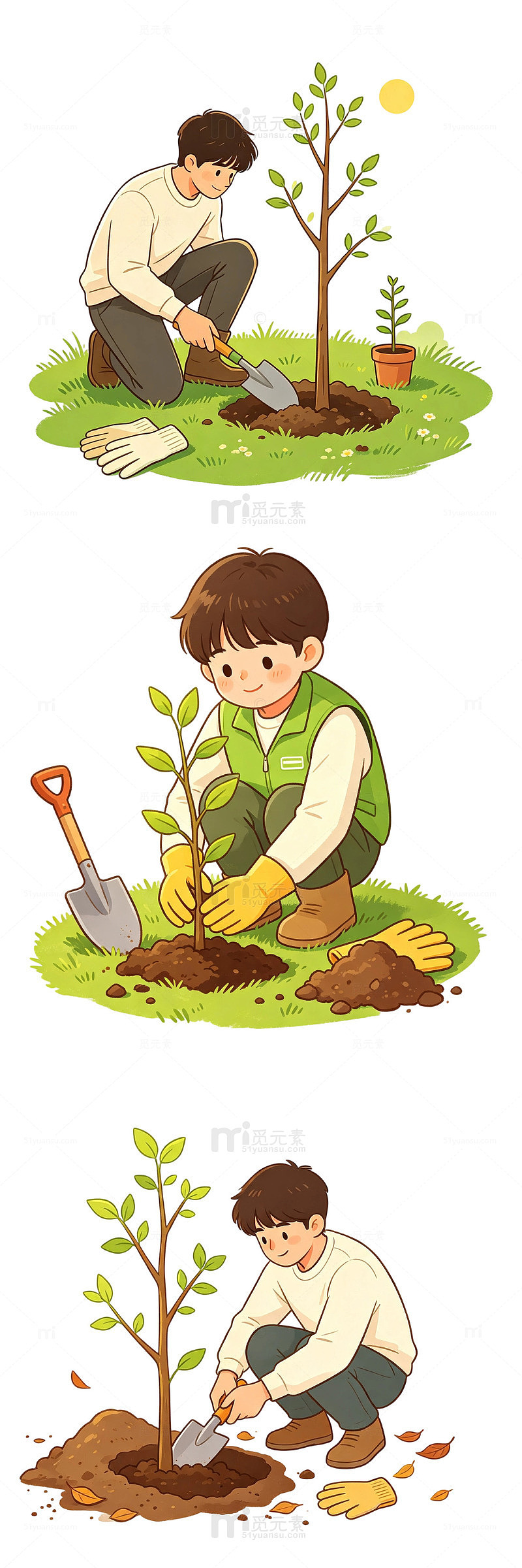 小铲子种树，植树男生，草地种树