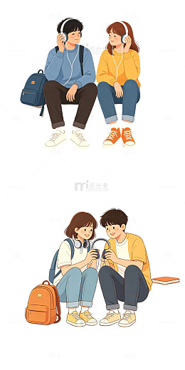 校园台阶，分享耳机，手绘同学，扁平人物