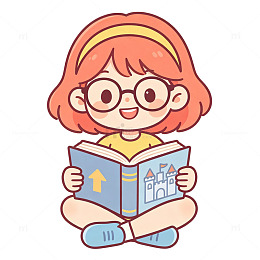 卡通风戴眼镜小女孩读书插画免扣元素素材