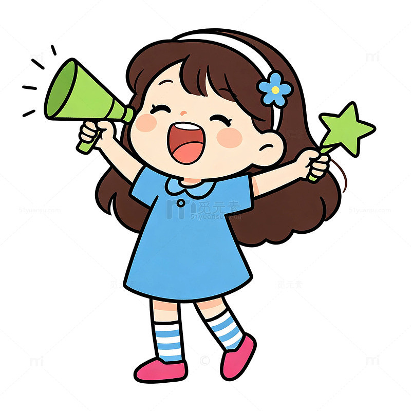 卡通风小女孩欢呼手绘加油棒免扣元素素材