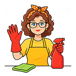 卡通风清洁女工手绘家务场景插画免扣素材