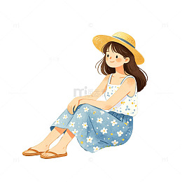插画风夏日女孩坐姿手绘设计素材