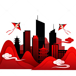 剪纸风城市景观风筝插画设计素材