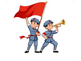 卡通风红军战士吹号举旗设计素材