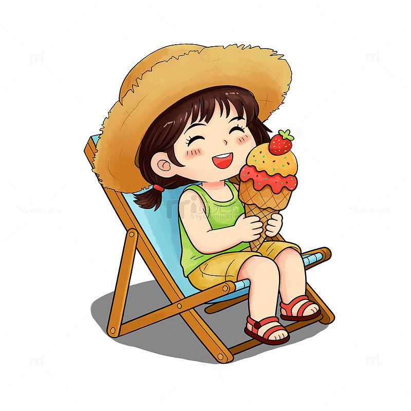 夏日可爱Q版度假女孩吃冰淇淋