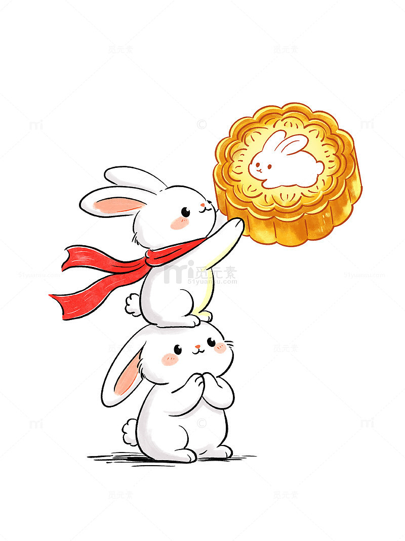 卡通风中秋节玉兔月饼手绘插画设计素材