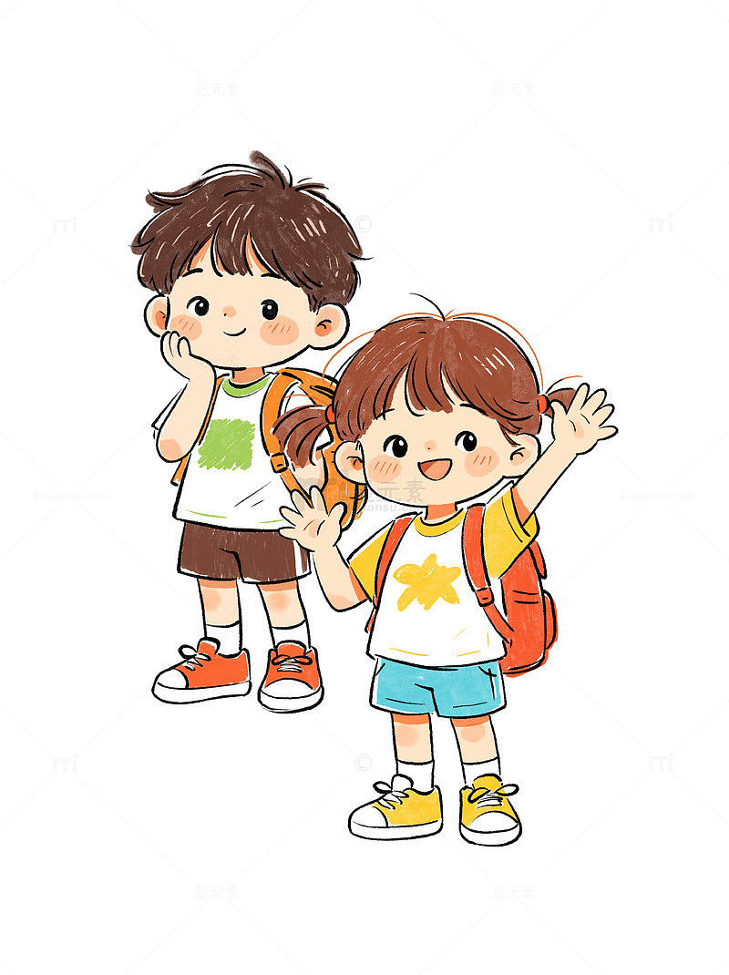 卡通校园儿童小学生开学背书包手绘插画素材