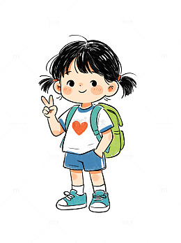 卡通风开学季小女孩背书包上学手绘插画素材