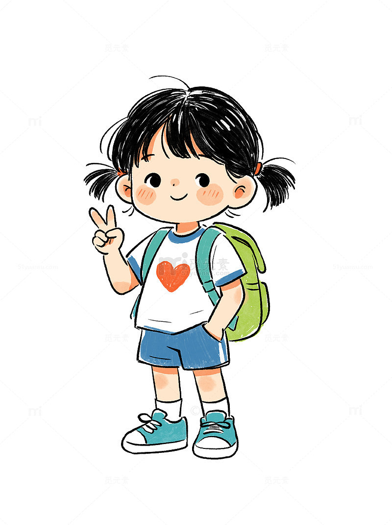 卡通风开学季小女孩背书包上学手绘插画素材