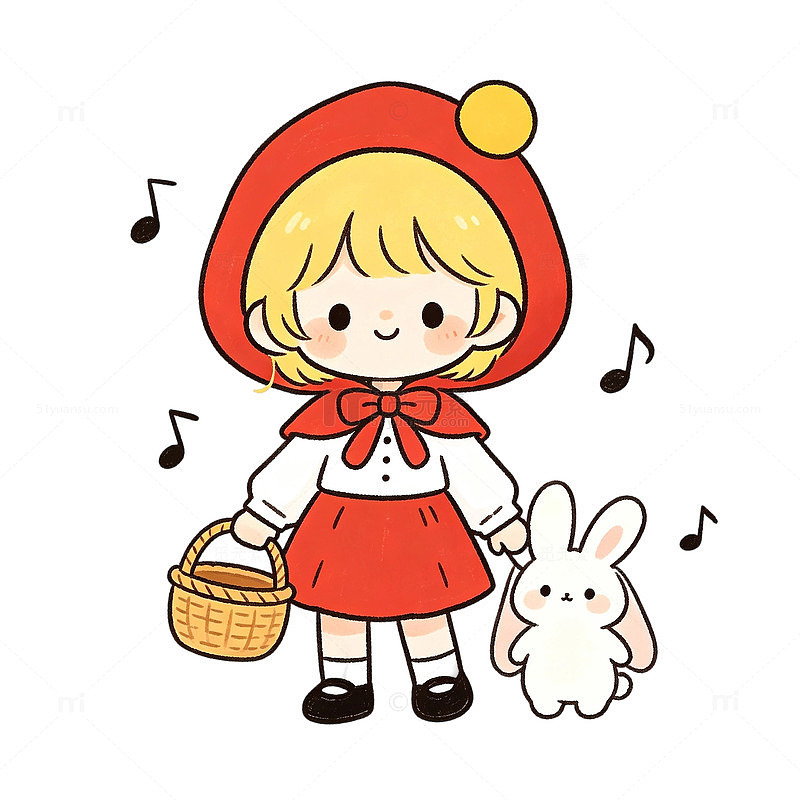 卡通风小红帽与兔子小女孩手绘插画免扣元素