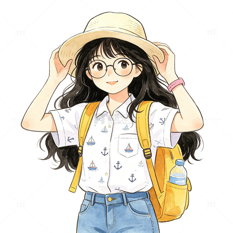 日系插画手绘风女孩出游戴帽子免扣元素素材