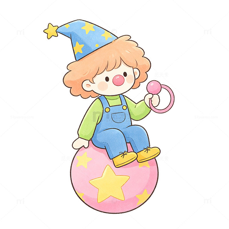 卡通风小丑坐魔法球插画可爱免扣元素素材